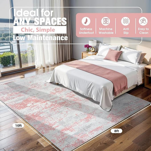 8x10 Area Rugs for Living Room Rug Washable: Abstract Large Rug for Dining Room Bedroom Carpet Non Slip 8 by 10 Indoor Modern Nursery Home Office Pink