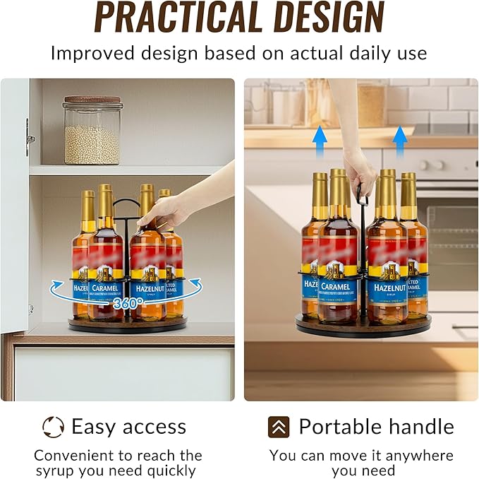 Rotating Coffee Syrup Organizer Hold 6 Bottles, Wood Coffee Syrup Rack for Countertop, Large Bottle Holder Stand for Bar Station, Turntable Wine Display Tray (Black - 6 Bottles)