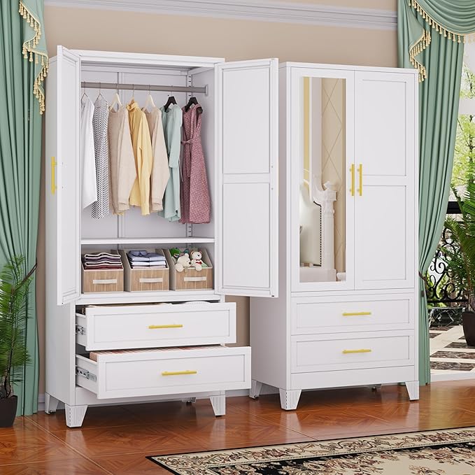 Steel Armoire Wardrobe Closet with Mirror, 71" Metal Clothes Storage Cabinets with 2 Doors, 1 Adjustable Shelf, 2 Drawers, Metal Wardrobe Cabinet with Hanging Rod for Bedroom, Gym, Cloak(White)