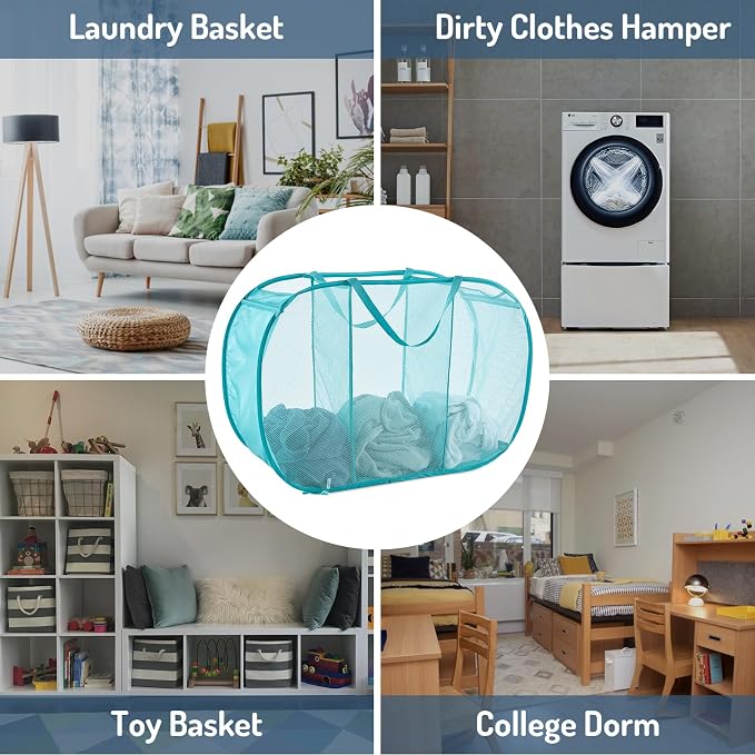 Seiritex Mesh Popup Laundry Hamper 3 Compartment Sortable Horizontal Collapsible Laundry Basket for Clothes Laundry Room Bedroom Toys Travel (Turquoise Blue)