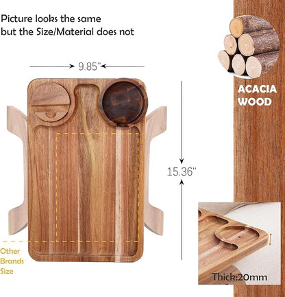 Nnewvante Couch Cup Holder Tray, 3 in 1 Large 15.36"x9.85" Acacia Wood Sofa Arm Clip on Tray Table with 360°Rotated Phone Holder on Armrest