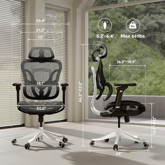 FLEXISPOT ErgoX Max Ergonomic Office Chair Black - Aluminum Alloy Frame & Base, 661 lb Capacity, 5D Armrests, 4D Adaptive Lumbar & 4D Headrest