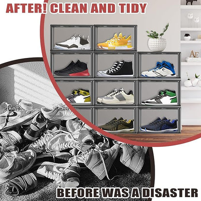 Large Shoe Organizer for Closet Clear Storage Box Sturdy Plastic Stackable Shoe Rack Sneaker Display Case with Magnetic Lids, 1 Pack Size 13