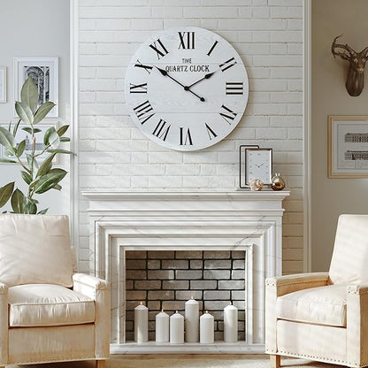ARTPOWER Large Farmhouse Wall Clock, 24” Shiplap Wall Clock with Roman Numeral, Nearly Non-Ticking, Round Wall Clocks for Living Room Decor, Office, Bedroom, Entrance, White