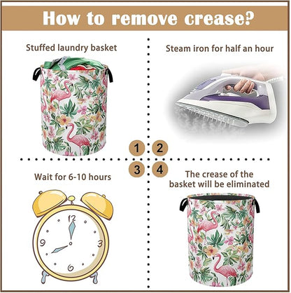 Pink Flamingo Laundry Basket,Floral Plam Collapsible Laundry Baskets with Handles,Waterproof Oxford Cloth Storage Basket 16"x20" for Bathroom/Bedroom/Dormitories