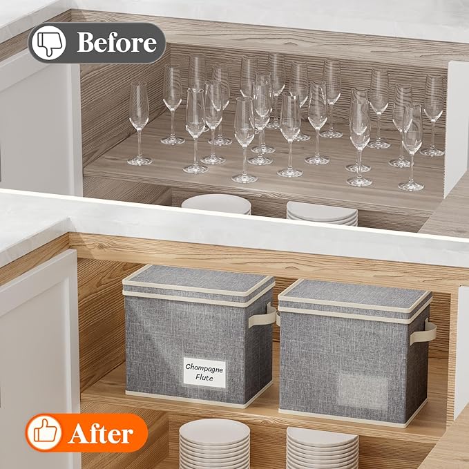 Lifewit 2 Pcs Champagne Flute Storage Box with Dividers, Stackable Cationic Hard Shell Stemware Containers with 24 Cells, Foldable Dustproof China Containers for Moving, Light Grey, 31 x21x28cm