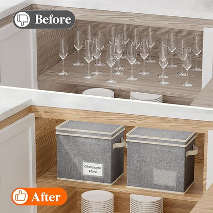 Lifewit 3 Pcs Champagne Flute Storage Box with Dividers, Stackable Cationic Hard Shell Stemware Organizer with 36 Cells, Foldable Dustproof China Containers for Moving, Light Grey