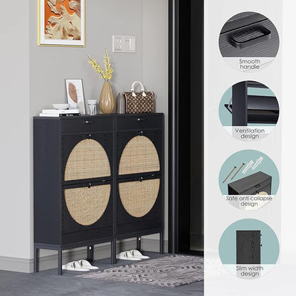 Yechen Shoe Rack Storage Organizer with 2 Natural Semi-Circular Rattan Doors, Entryway Wooden Shoe Cabinet for Sneakers, Leather Shoes, Heels, Slippers (Black)