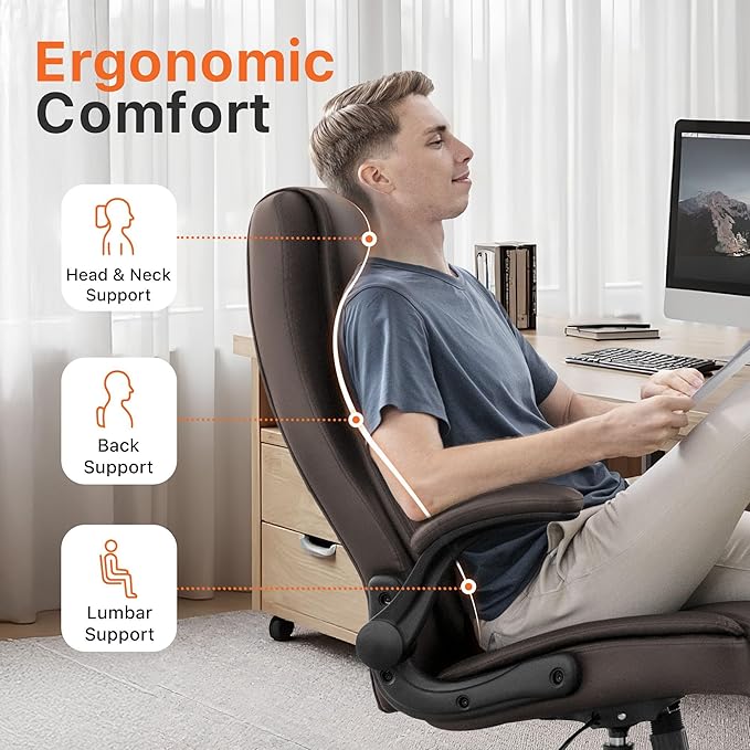 NEO CHAIR Ergonomic Office Desk Gaming Computer Chair Executive High Back Support Flip-up Arms Adjustable Height Swivel Rolling Wheels Comfy PU Leather for Home (Brown)