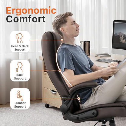 NEO CHAIR Ergonomic Office Desk Gaming Computer Chair Executive High Back Support Flip-up Arms Adjustable Height Swivel Rolling Wheels Comfy PU Leather for Home (Brown)