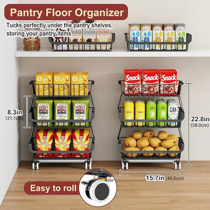 3-Tier Rolling Pantry Cart with Wheels, Stackable Wire Storage Floor Organizer for Kitchen Pantry Snack Shelves, Fruit Basket Stand, Vegetable Storage Rack for Food Snacks Onion Potato