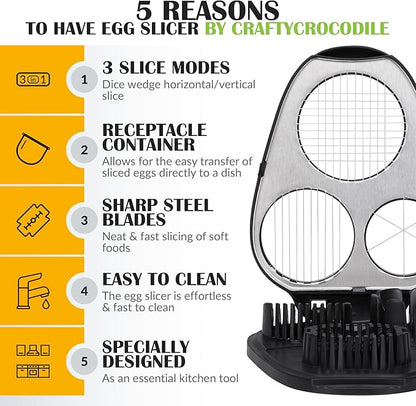 CraftyCrocodile Egg Slicer for Hard Boiled Eggs - 3 Slice Modes Egg Cutter, Heavy Duty, Stainless Steel Dicer - Kitchen Chopper Tool for Strawberry, Mushroom, Grape, Cherry Tomato - Black