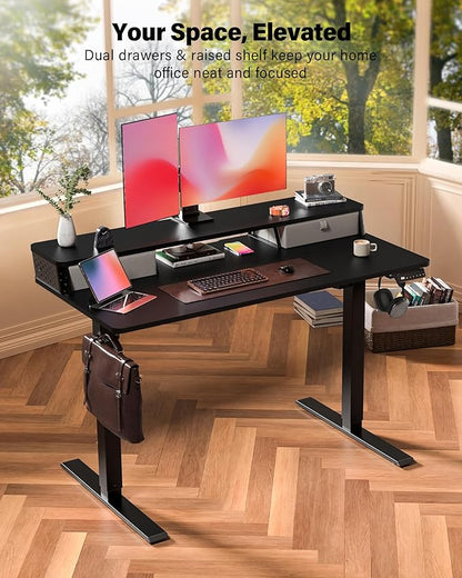 FiCiHi Standing Desk with Drawers, C-Clamp Mount Compatible, 48x24 Inch Electric Adjustable Height Computer Stand Up Desks, Home Office Sit Stand Table with 3 Preset Heights & 2 Hooks, Black
