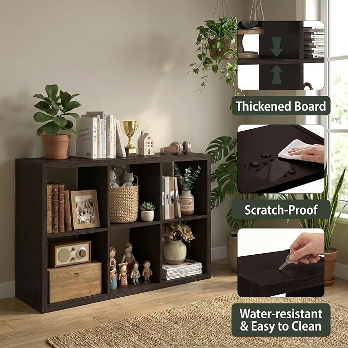 WannabeMyself【2026 Wooden Thick Frame】 6 Cube Storage Organizer with Anti-Tipping Kits, Reversible Open Back Book Shelf,Bookcase for Living Room,Bedroom,Entrance Hall,Office,11.6×36.3×24.6,Chocolate
