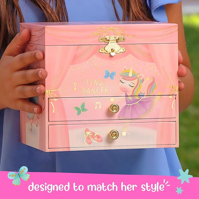 Giggle & Honey Musical Ballerina Jewelry Box for Girls - Kids Music Box with Spinning Ballerina, Ballerina Birthday Gifts for Little Girls, Jewelry Boxes, 6.8 x 5.3 x 6 in - Ages 3-10