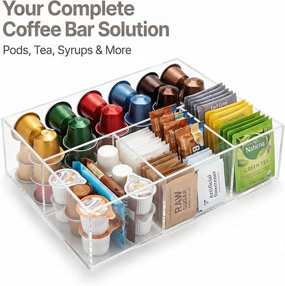 Acrylic Coffee Bar Station – Snack Tea Organizer & Storage Holder for Office Coffee Table – Perfect Countertop Setup for Syrup, Creamer, Condiment and Snack Accessories