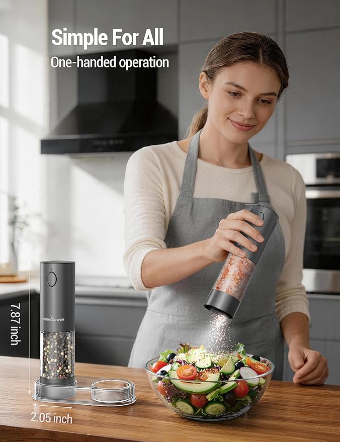 ThermoMaven Electric Salt and Pepper Grinder Set, 110ml Larger Rechargeable Automatic Salt and Pepper Mill Grinder with 6 Adjustable Coarseness, Electric Salt and Pepper Shakers, LED, Gun Grey