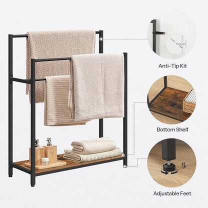 HOOBRO Extra Large Free Standing Towel Rack, 3 Tier Blanket Rack, Blanket Holder for Bathroom, 32.3" L x 11.4" W x 39.4" H, for Living Room, Bedroom, Rustic Brown and Black BF30LB01