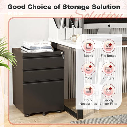 Superday Black File Cabinet 3 Drawer, Fully Assemble Metal Rolling Vertical Filing Cabinet with Wheels, Small Under Desk File Cabinets for Home Office