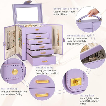 AKOZLIN Jewelry Box Organizer Functional Leather Jewelry Storage Case for Women Girls Ring Necklace Earring Bracelet Holder Organizer with Mirror Purple