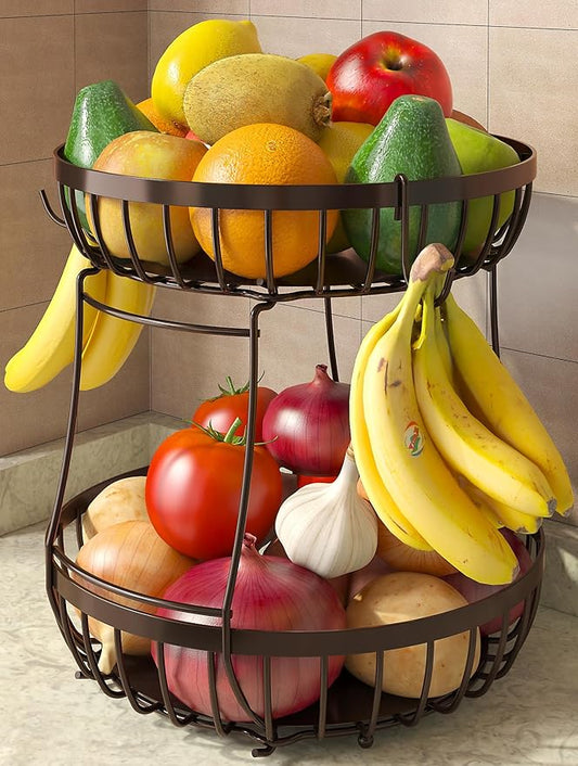 Sevenblue 2 Tier Fruit Basket for Kitchen Counter with 2 Banana Hangers, Metal Stackable Fruit Bowl for Kitchen Counter for Bread Vegetable Fruits, Brown