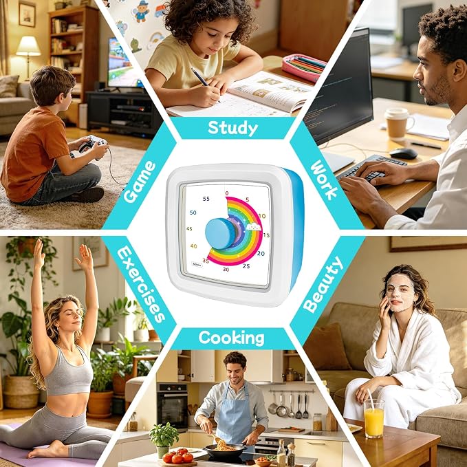 Visual Timer for Kids, 60-Minute Silent Countdown Timer with Rainbow Design, Cube Time Management Tool Timers for Classroom Cooking Homework ADHD, No Loud Ticking Kids Visual Timer,White Blue