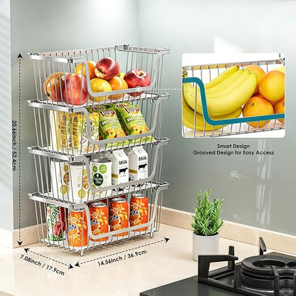 GAOKASE 4 Pcs Stackable Wire Baskets for Pantry Organizers and Storage,Vegetable Fruit Basket for Countertop,Kitchen Storage Metal Baskets,Produce Potato Onion Storage Bin,silver