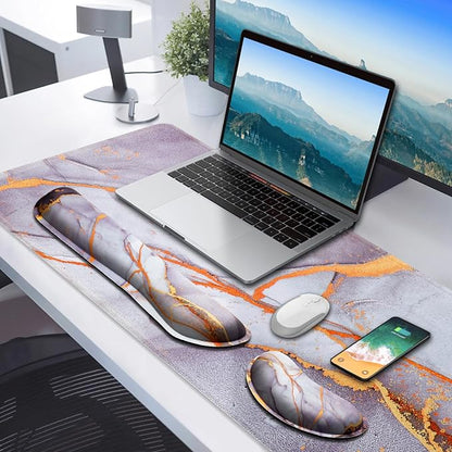 Gimars 4 in 1 Mouse Pad and Keyboard Wrist Rest Set, Large Mouse Pad with Memory Foam Wrist Support Pad for Desk with Coaster, Easy Typing Pain Relief, Gaming Office Home, 31.5x12 inch, Gray Golden