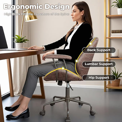 ovios Home Office Chair, Mid-Century Modern Faux Suede Leather Ergonomic Chairs, Mid Back Comfy Computer Swivel Rolling Task Executive Armchair, Dark Brown