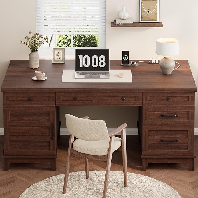 60" Executive Desk with Power Outlet, Home Office Desk with Drawers, Wooden Work Desk with File Cabinet, Computer Desk for Work, Study, Writing, Brown