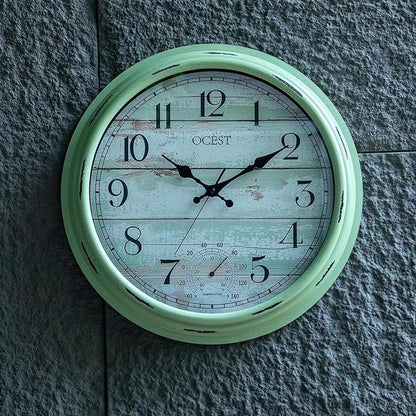 OCEST 16 Inch Indoor Outdoor Clock, Waterproof Large Wall Clock with Thermometer, Silent Non-Ticking Battery Operated Decor for Patio Pool Porch Garden Garage（Retro Green）