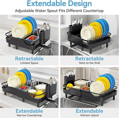 Urackify Expandable Dish Rack for Kitchen Counter,16.14"-23.62" Large Dish Drying Rack with Adjustable Water Spout, Space Saving Dish Drainer with Auto Draining Cutlery Holder, Matte Black
