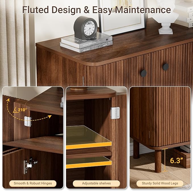 Fluted Sideboard Cabinet, Modern Buffet Cabinet, Storage Cabinet with Adjustable Shelves & Solid Wood Legs, Accent Credenza Sideboard for Kitchen, Coffee Bar, Living Room, Entryway, Hallway