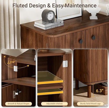 Fluted Sideboard Cabinet, Modern Buffet Cabinet, Storage Cabinet with Adjustable Shelves & Solid Wood Legs, Accent Credenza Sideboard for Kitchen, Coffee Bar, Living Room, Entryway, Hallway