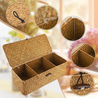Sumnacon Small Woven Basket for Shelf, Wicker Shelves Storage Baskets with Sections Seagrass Storage Bin with Lid for Tampon Toiletry Rectangular Storage Basket for Bathroom Table Desk Caramel
