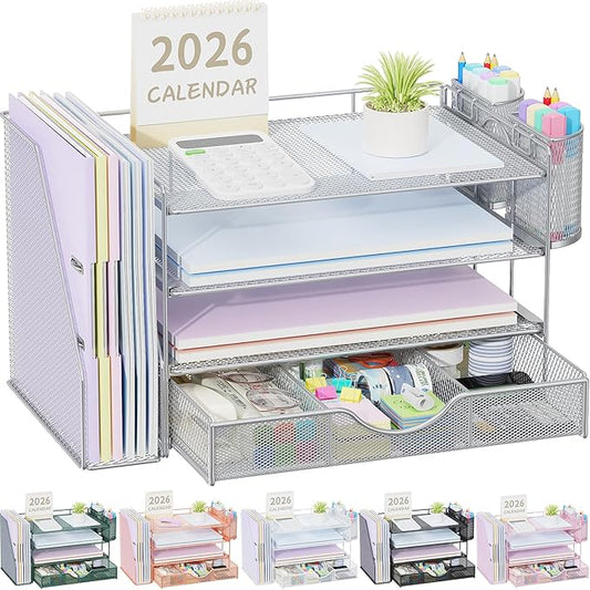 gianotter Desk Organizers and Accessories with File Holder, 4-Tier Desk Accessories & Workspace Organizers with Drawer and 2 Pen Holder, Paper Organizer for Office Supplies (Grey)