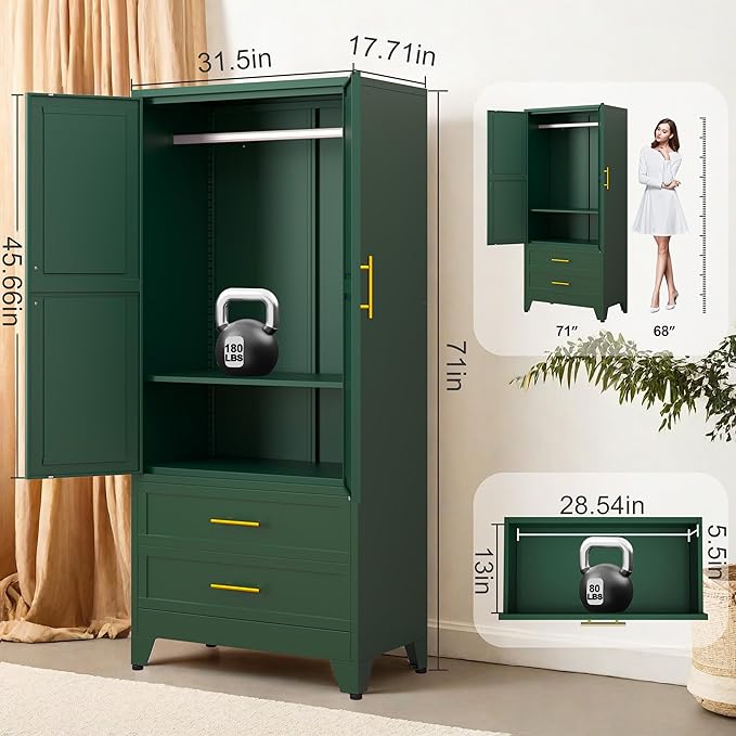 71" Metal Wardrobe Cabinet with 2 Doors, 1 Adjustable Shelf and 2 Drawers, Metal Clothing Storage Cabinets with Hanging Rod, Armoire Wardrobe Closet for Bedroom, Cloak Room, Gym (Green)