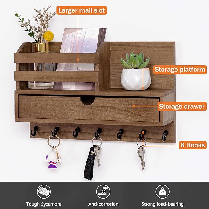 dreampossible Key and Mail Holder for Wall, Mail Organizer Wall Mount with 6 Hooks and Storage Drawer, Wooden Key Rack Hanger with Shelf for Entryway and Home Decor