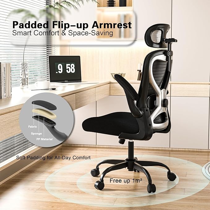 Ergonomic Office Chair, Mesh Desk Chair with Headrest, Lumbar Support, Thick Seat Cushion, Flip-up Arms, High Back Computer Task Chairs for Home Office (English, Black/Silver)