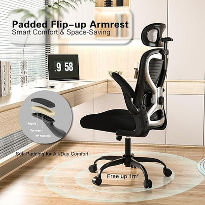 Ergonomic Office Chair, Mesh Desk Chair with Headrest, Lumbar Support, Thick Seat Cushion, Flip-up Arms, High Back Computer Task Chairs for Home Office (English, Black/Silver)