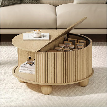 SULIVES Round Coffee Table with Storage, Unique Circle Coffee Table with Sliding Door,Fluted Accent Center Table with Bun Feet for Living Room, Oak