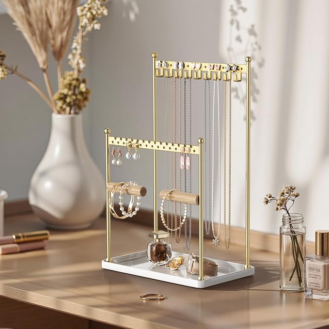 3 Tier Gold Jewelry Stand, Necklace Organizer, Earring Holder with 44 Holes and 9 Hooks, for Necklaces, Bracelets, Rings