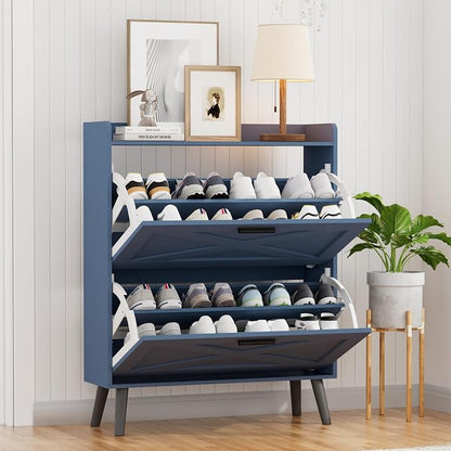 Homleke 32" W Farmhouse Shoe Storage Cabinet with 2 Flip Drawers and Barn Door Design, Adjustable Shelves, Modern Hidden Slim Narrow Shoe Rack Cabinet for Entryway, Foyer, Hallway, Living Room, Blue
