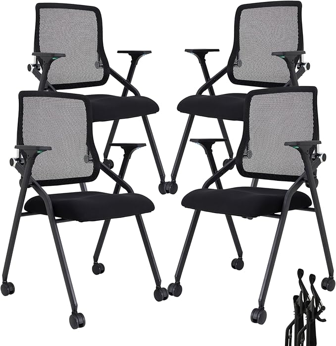 Updated Conference Room Chairs, Folding Office Desk Chair with Lumbar Support and Sliding Armrest with Casters, Stackable Office Guest Chairs & Reception Chairs, 4 Pack Black
