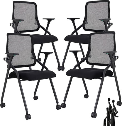 Updated Conference Room Chairs, Folding Office Desk Chair with Lumbar Support and Sliding Armrest with Casters, Stackable Office Guest Chairs & Reception Chairs, 4 Pack Black