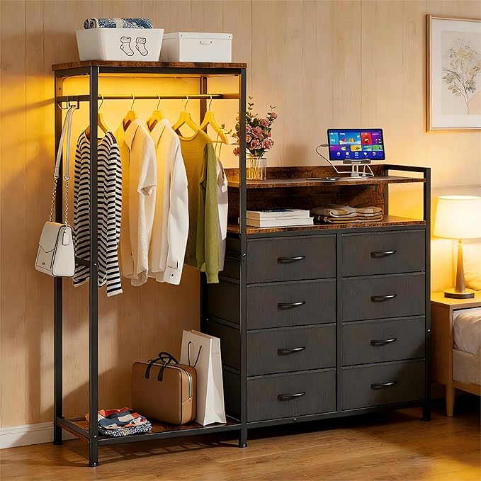 Dresser with Clothes Rack,58" H Clothing Rack with Fabric Drawers & LED Lights,Clothes Racks for Hanging Clothes,8 Drawers Dresser,Garment Rack for Bedroom with Charging Station,Grey