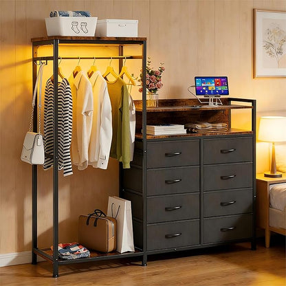 Dresser with Clothes Rack,58" H Clothing Rack with Fabric Drawers & LED Lights,Clothes Racks for Hanging Clothes,8 Drawers Dresser,Garment Rack for Bedroom with Charging Station,Grey
