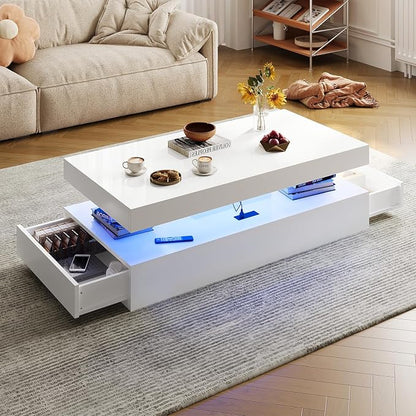 47” High-Glossy LED Coffee Table with 2 Sliding Drawers, Living Room Storage Coffee Tables, Modern Stylish Double-Layer Center Tables with LED Lights, White