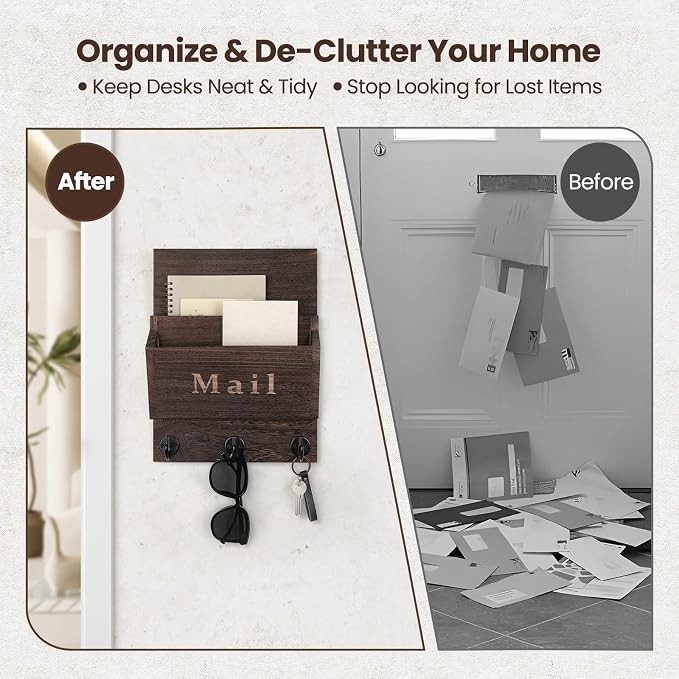 Mail and Key Holder - Decorative 8.86" x 11.42" Wall Key Hanger with 2 Mail Organizer Slots and 3 Hooks - Real Paulownia Wood with Keyhole Brackets, Hardware and Instructions (Brown)