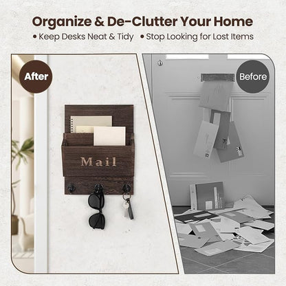 Mail and Key Holder - Decorative 8.86" x 11.42" Wall Key Hanger with 2 Mail Organizer Slots and 3 Hooks - Real Paulownia Wood with Keyhole Brackets, Hardware and Instructions (Brown)